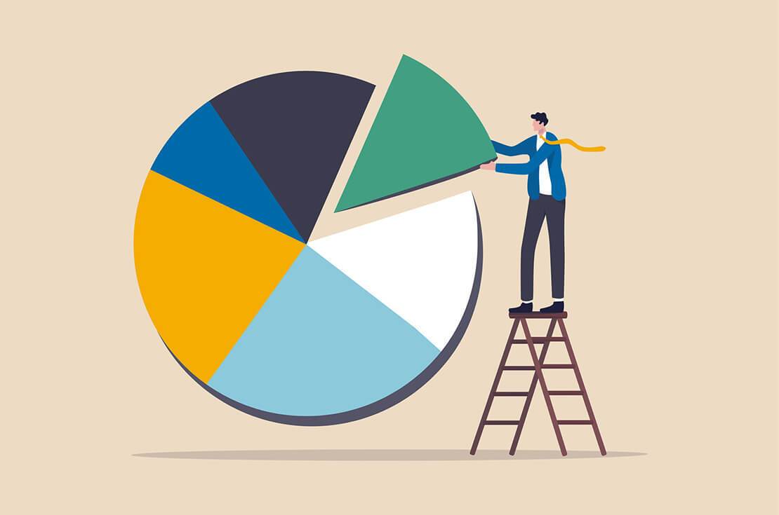 Animated person on ladder taking a piece of a pie graph